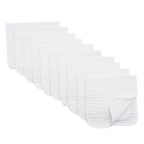 Synrroe Burp Cloths Large, Muslin Burp Cloths for Baby Girls and Boys, Pack of 10 Extra Absorbent and Soft Muslin Bibs, 6 Layers 20 by 10 Inches 100% Cotton (White 10 Pack)