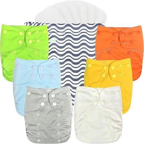 wegreeco Cloth Diapers 6 Pack with 6 Inserts & 1 Wet Bag, Washable Cloth Diapers for Babies, One Size Adjustable Reusable Diapers Baby (Vibrant)
