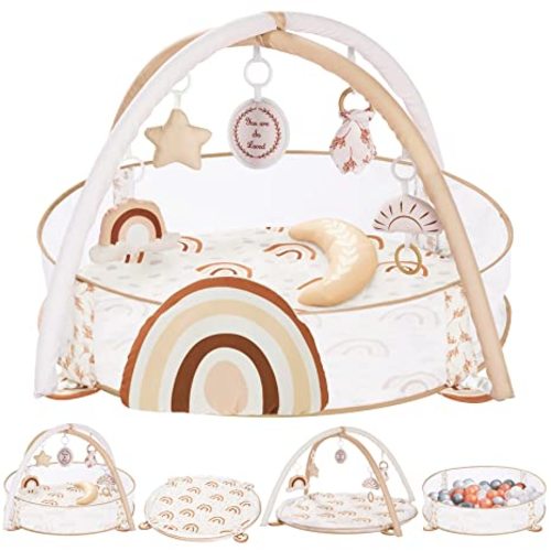Crisschirs 6-in-1 XL Large Baby Gym & Ball Pit, Play Mat & Play Gym, Combination Baby Activity Gym with Milestone Cards for Sensory Exploration and Motor Skill Development, Balls are not Included - Brown