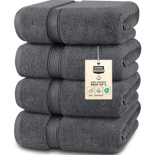 Utopia Towels 4 Pack Premium Bath Towels Set, 27 by 54 Inches, 100% Ring Spun Cotton 600GSM, Lightweight and Highly Absorbent Quick Drying Towels, Perfect for Daily Use, Grey