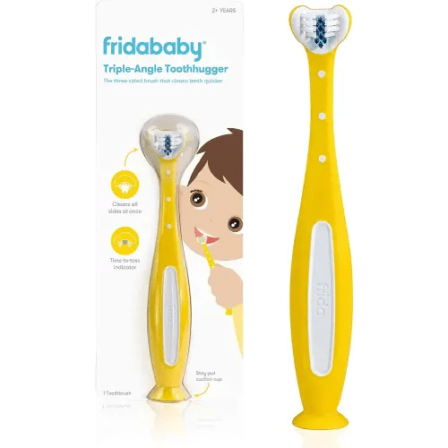 Frida Baby Triple-Angle Toothhugger Training Toddler Toothbrush | Toddler Toothbrush 2 Years and Up, Cleans All Sides at Once | Yellow