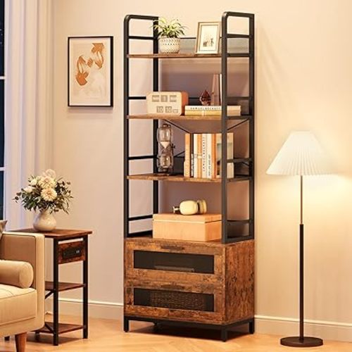 IDEALHOUSE Bookshelf with Drawers Industrial Bookcase with 4 Tiers Open Storage Shelves Rustic Bookshelves 70.87" Tall Display Racks Farmhouse Bookshelf for Bedroom, Living Room, Home Office, Brown