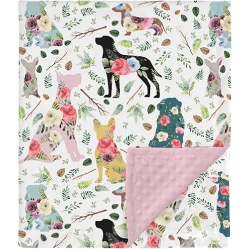 HawSkgFub Boho Dog Floral Foliage Mink Baby Blankets Dotted Backing Girls Shower Gift, Puppy Pink Green Flowers Leaf Double Layer Nursery Swaddle, Soft Newborn Infant Toddler Bed Crib Bedding 30 x 40