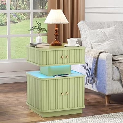 LED Light End Table with Charging Station, Green Mid Century Bedside Table with USB Type A C Ports, Small Fluted Accent TV Control Nightstand with 2 Sliding Door for Living Room, Curvy Edge