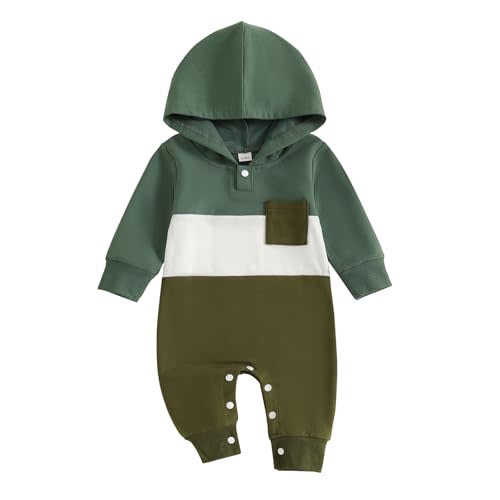 BemeyourBBs Newborn Baby Boy Clothes Color Block Long Sleeve Hooded Romper with Pocket Fall Winter One Piece Outfits