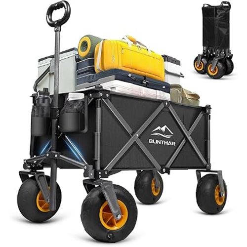 Beach Wagon with Big Wheels for Sand, Heavy Duty Harder Sand Collapsible Folding Wagon with All-Terrain 9" Pneumatic Ballon Tires, Utility Wagon for Garden Sports Camping Outdoor Activities