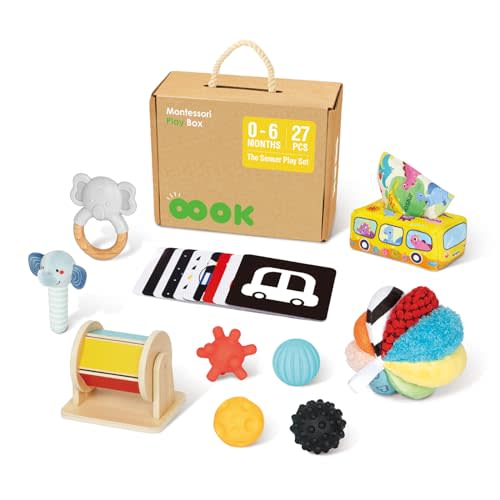 OOOK Montessori Toys for Babies 0-6 Months, 7 in 1 Newborn Baby Toys with Spinning Drum, Colorful Fabric Ball, Tissue Box Toy, Sensory Balls, Contrast Cards and More, Great Educational Toy for Baby