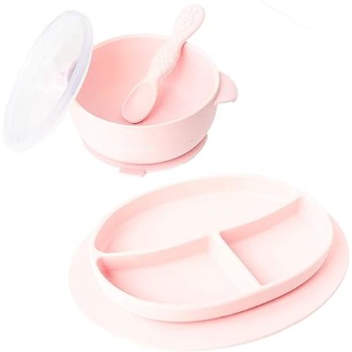 Suction Toddler Plates & Bowls Complete Set w/Spoon- BPA Free 100% Food Grade Silicone- Microwave & Dishwasher Safe Baby Suction Plate, Suction Bowl w/Lid, & Spoon- (Pink)