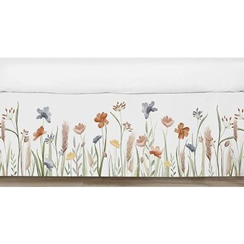 Sweet Jojo Designs Boho Floral Garden Flower Baby Crib Skirt Bed Dust Ruffle Bedskirt for Nursery Sage Green Watercolor Bohemian Floral Farmhouse Wildflower Vintage Shabby Chic White Beige Nature