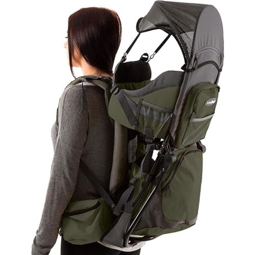 Hiking Baby Carrier Backpack - Comfortable Baby Backpack Carrier - Toddler Hiking Backpack Carrier - Child Carrier Backpack System with Diaper Change Pad, Insulated Pocket + Rain and Sun Hood - ArmyGreen/Grey