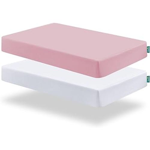 Biloban Pack and Play Sheets Fitted, 2 Pack Pack and Play Sheet Fits for Graco Pack n Play Mattress, Neutral Playard Sheets for Baby Boys and Girl, White & Pink, 38”X 26”