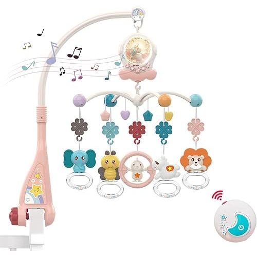 Eners Baby Musical Crib Mobile with Night Lights and Rotation, Rattles, Remote Control,Comfort Toys for Newborn Infant Boys Girls Toddles (Red)