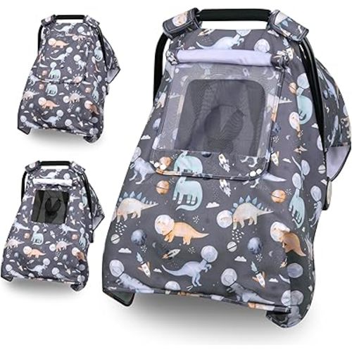 Baby Car Seat Cover, Infant Carseat Canopy with 3 Layers Windows, Breathable Mesh Peep Window, Kick-Proof Carrier Cover for Boys Girls, Windproof Stroller Cover Shower Gift for Newborn