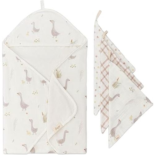 Crane Baby Hooded Towel & Washcloth Set, Charlie Farmhouse Goose Hooded Baby Towels and Washcloths Set, Baby Bath Essentials, Washcloths for Newborn, Muslin Towel for Babies