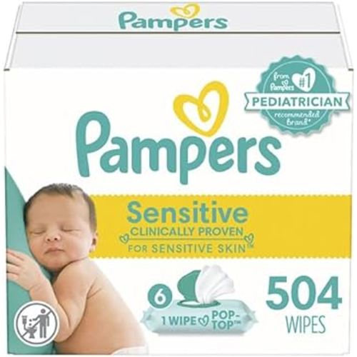 Pampers Sensitive Baby Wipes, Water Based, Hypoallergenic and Unscented, 1 Flip-Top (56 Wipes Total)