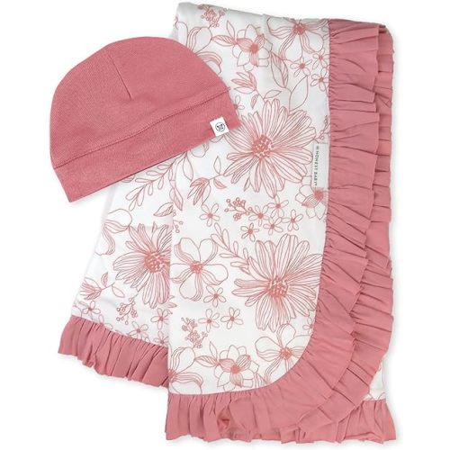 HonestBaby 2-Piece Knit Stroller Blanket with Trim Detail and Baby hat, Sketchy Floral Pink, One Size
