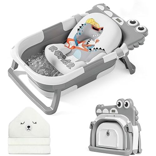 MoreFeel Collapsible Baby Bathtub for Newborn with Thermometer & 1 Hooded Towel & 1 Soft Floating Cushion,Portable Travel Bathtub with Drain Hole, Durable Foldable Baby Tubs for Infants to Toddler