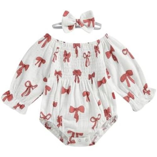 NZNDSHD Smocked Baby Girl Clothes Long Sleeve Bubble Romper Cute Bows Print Bodysuit Spring Fall Outfit with Headband