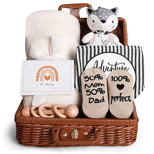 Baby Shower Gifts, New Born Baby Gifts for Girls Boys, Unique Baby Gifts Basket Essential Stuff - Baby Lovey Blanket Newborn Bibs Socks Wooden Rattle & Greeting Card, Newborn Baby Gift Set - Rattan Baby Gifts (Neutral White✨✨✨✨✨)