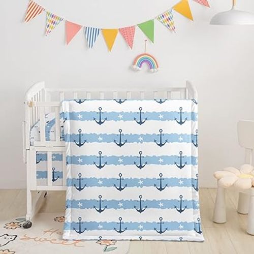 Crib Bedding Set,3pcs Nursery Crib Bedding with Comforter Crib Sheet & Crib Skirt,Blue White Stripes Starfish Anchor Nursery Bedding for Baby Boys and Girls(Anchor Blue)