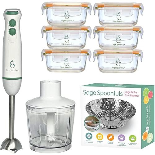 Baby Food Maker, SAGE SPOONFULS 10-Piece Baby Food Processor Set for Baby Food, Fruit, Vegetables, Meat, Baby Food Blender with Leakproof Tough Glass Baby Food Containers, Baby Food Steamer Basket
