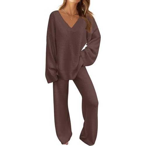 MEROKEETY Women's 2 Piece Outfits Fuzzy Fleece Pajama Set Long Sleeve Top Wide Leg Pants Loungewear