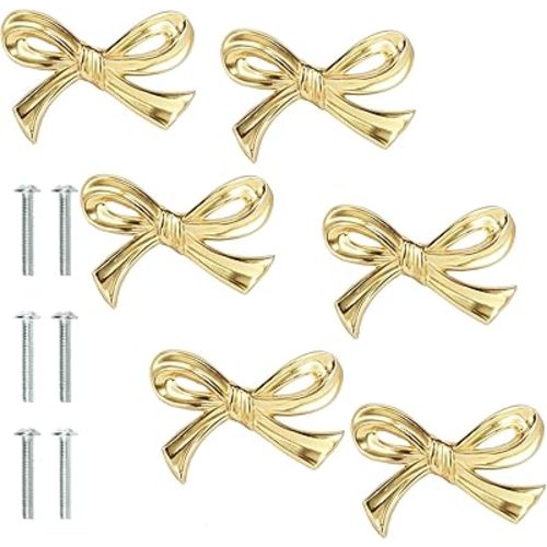 6Pcs Gold Bow Knobs for Dresser, Bow Drawer Knobs, Solid Brass Bow Shape Bow Cabinet Knob, Compact Bow Drawer Pulls Decorative, Elegant Bow Dresser Knobs Handle, Beautiful Bow Furniture Knobs for Home