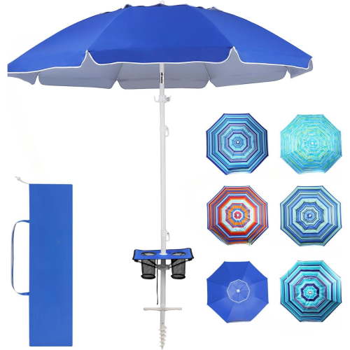 7FT Beach Umbrellas for Sand Heavy Duty Wind Portable Beach Umbrella with Table Travel Beach Umbrella with Carry Bag Sun Umbrella Beach, UV 50+