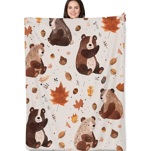 Bear Pattern Blanket Gifts, Cozy Autumn Bears with Leaves Fleece Throw, Soft Lightweight Blanket for Kids and Nature Lovers, Perfect for Bedroom, Living Room 50x60 in,Decor