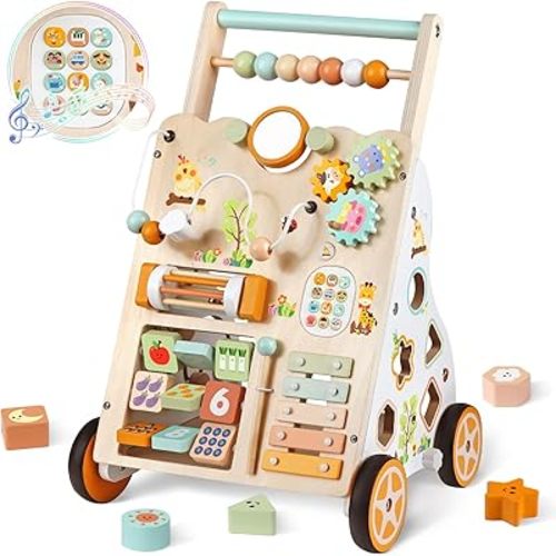Baby Push Walker, Wooden Baby Walker for Girls Boys, Montessori Activity Center for Babies 6-12 Months, Adjustable Speed & Height Walkers for Toddlers, Educational Push Toy for Kids Development