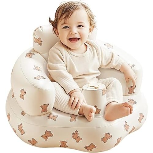 Inflatable Baby Seat for 3-36 Months, Portable Blow Up Support Seat with Built-in Air Pump, Learning to Sit & Feeding Chair for Infants & Toddlers (Bear)