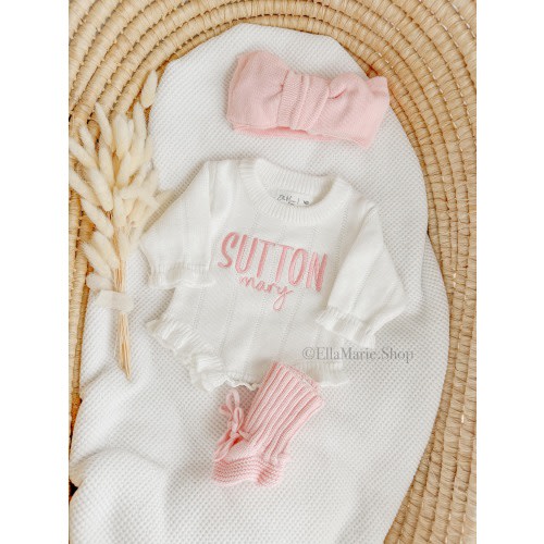 Embroidered name baby romper, newborn girl coming home knit ruffle outfit, custom birth name announcement, personalized baby shower gift