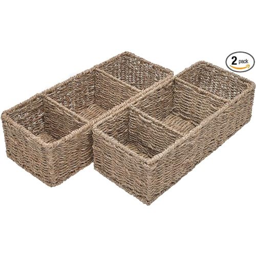 StorageWorks Wicker Toilet Basket Tank Topper, Toilet Paper Basket for Back of Toilet Tank Top, 3-Section Seagrass Storage Baskets for Shelves, 2-Pack - Natural (Seagrass)