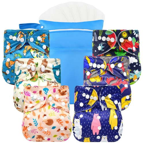 6 Pack Reusable Baby Cloth Diapers with 6 Inserts 1 Wet Bag, One Size Adjustable Washable Diaper for Baby Girls Boys