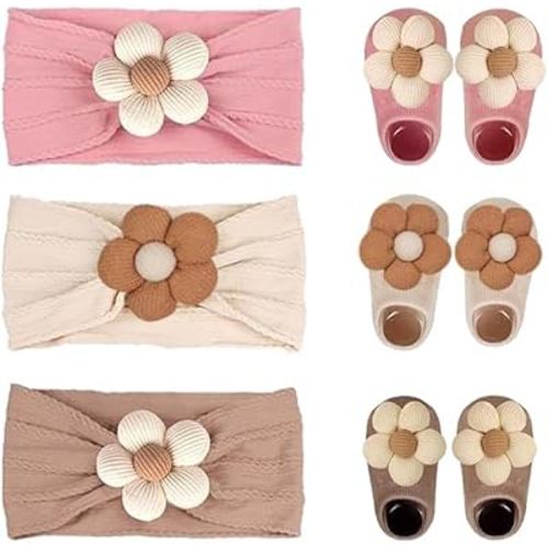 Baby Girl Cute Headband & Socks Combo - Non-Slip Floral Grips Socks & Soft Flower Nylon Hairbands, Essential Hair Accessories for Kids Infants (1-3 Years, Pink Beige khaki)