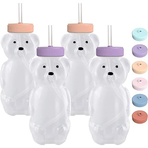 Honey Bear Straw Cups for Babies 4 pack, 8oz straw bear cup with improved safety lid design, honey bear cup and honey bear bottle. Straw learning therapy cup. Leak-Proof & Food-Grade & BPA Free