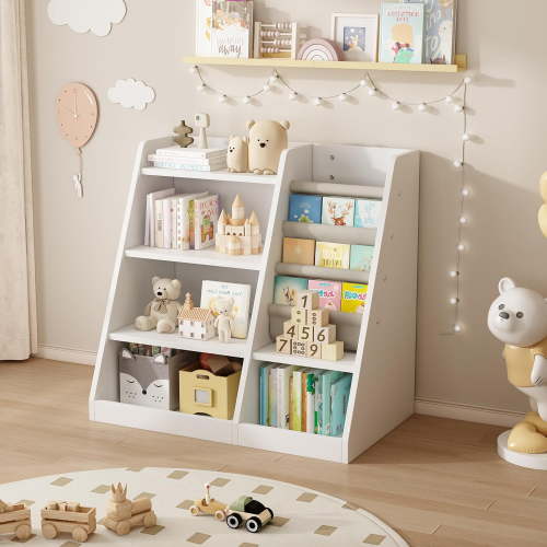 Kids Bookshelf and Toy Organizer,4 Tier Bookshelf for Kids,4 Layer Sling Bookshelf, Montessori Book Shelf with Toy Storage Organizer for Children Room, Bedroom, Classroom,Nursery