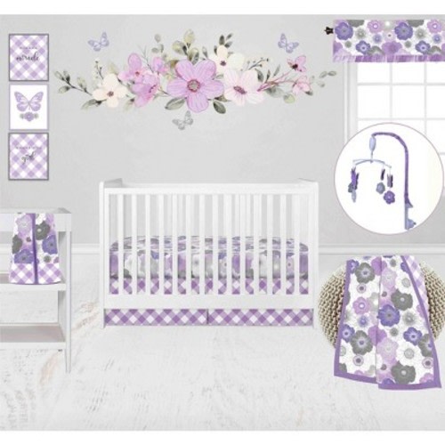 Bacati - Watercolor Floral Purple Gray 10 pc Girls Baby Crib Bedding Set with 2 Crib Fitted Sheets 100% cotton fabrics