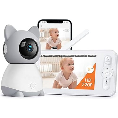2K Baby Monitor, Baby Monitor with Camera and Audio, 5" Color Display, Infrared Night Vision, 2-Way Talk, Temperature & Sound Alarm, Cry & Motion Detection, Free Phone App