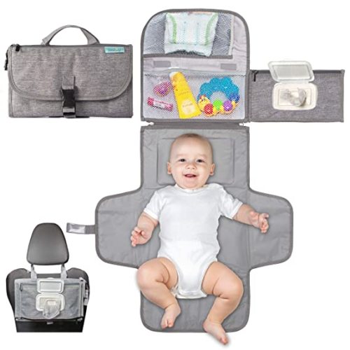Portable Diaper Changing Pad, Portable Changing pad for Newborn Girl & Boy - Baby Changing Pad with Smart Wipes Pocket – Waterproof Travel Changing Kit - Baby Gift by Kopi Baby - Grey - Classic