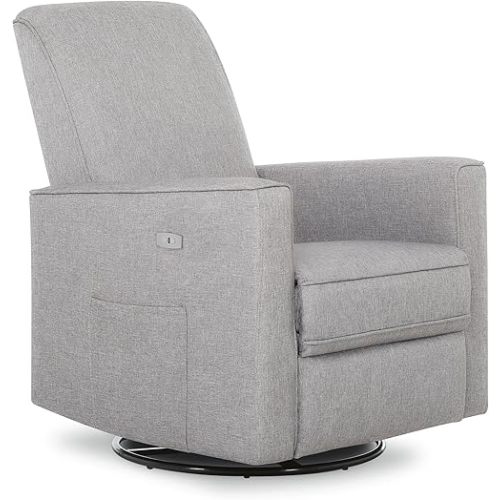 Evolur Harlow Deluxe Upholstered Plush Seating Glide Rocker, Swivel, Power Recliner with USB Port, Greenguard Gold Certified, Glider Chair for Nursery in Light Grey