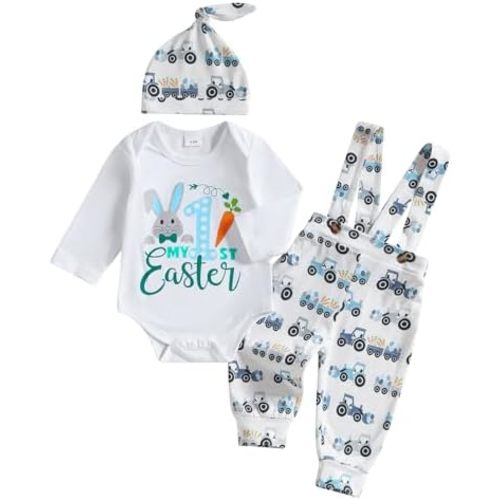 BeQeuewll Summer Newborn Baby Boy 3PCS Clothes Infant Short Sleeve Romper Suspender Pants Overalls Hat Set Coming Home Outfit