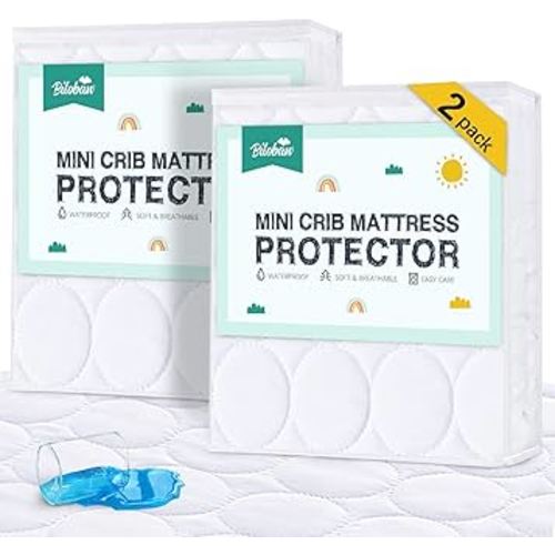 Mini Crib Mattress Protector Sheets Waterproof 2 Pack, Quilted Pack and Play Mattress Pad Cover Fits for Mini Crib/Playen/Pack and Play Mattress, White, 38"x24"
