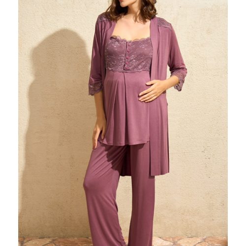 Lace Shoulder 3-Piece Maternity-Nursing Pajama & Robe Set Plum - 5778