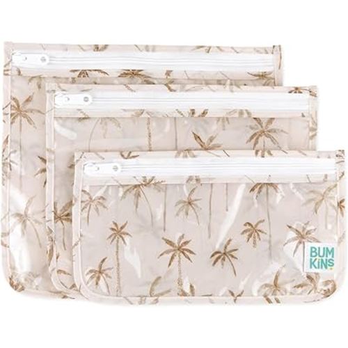 Bumkins Travel Bag, Toiletry, TSA Approved Pouch, Zip Bag, Quart Size Airline Compliant, Clear-Sided, Baby, Diaper Bag Organization, Makeup, Accessories, Packing, Set of 3 Sizes, Palm Trees