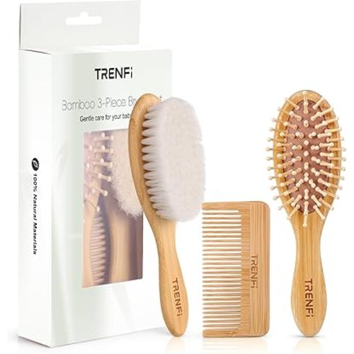 Bamboo Baby Hair Brush & Comb Set (3-Piece) | Ultra-Soft Natural Goat Bristles for Newborns | Gentle Scalp Massage & Detangling Kit | Perfect Baby Registry & Shower Gift