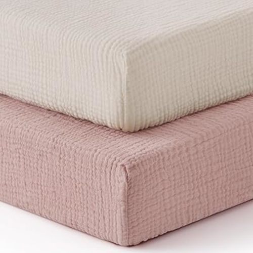 Blissful Diary Muslin Crib Sheets for Girl Boy, Boho Neutral Soft Cotton Baby Sheet for 52''x28'' Standard Crib Mattress, 2 Pack(Cream&Pink)