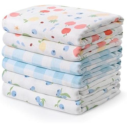 GLLQUEN BABY Receiving Blanket Boy Cotton Muslin Swaddle Blankets Girl Newborn Squares Breathable & Soft Thin Baby Blankets Cloths Double Absorbent Infant Swaddling Wrap - 6 Pack (Azure Berry Dream)