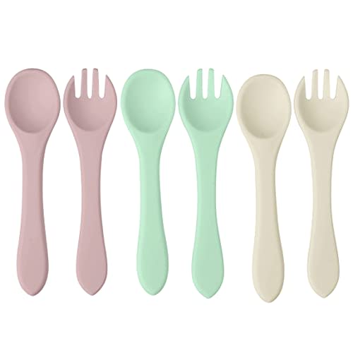 PandaEar Silicone Baby Spoon and Fork Set| 6 Pack First Stage Baby Self Feeding Spoons 6+ Months| Toddler Baby Utensils 6-12 Months| Infant Baby LED Weaning Spoons Feeding Supplies