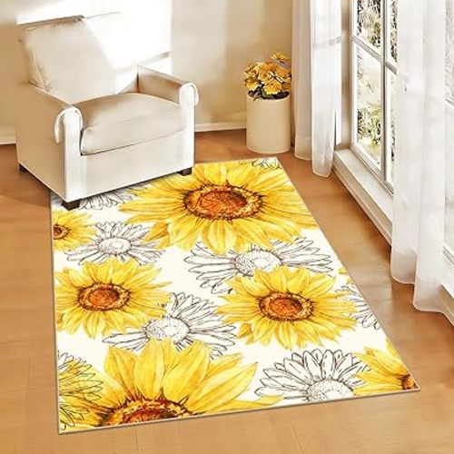 AooHHooA Sunflower Rug 3x5 Yellow Rustic Floral Rug with Non-Slip Backing Washable Small Rugs for Entrance Kitchen Bedroom Living Room
